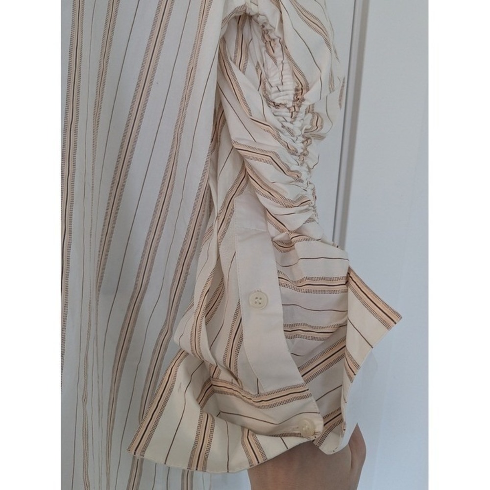 By Malene Birger Striped Ruched Sleeve Cotton Tunic Blouse White Tan Small 36 - Picture 10 of 13
